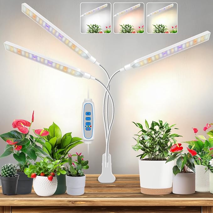 Kullsinss Clip-on Plant Lights for Indoor Growing, 171 LEDs 24W Grow Light | White 3-Gooseneck Plant Lamp for Seedlings, Full Spectrum Grow Lamp with Red Blue Yellow White LEDs, Timer & Dimmable