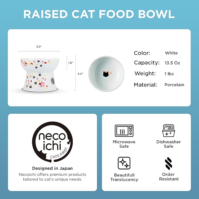 Necoichi Raised Cat Food Bowl – Ceramic Elevated Cat Bowl for Whisker & Neck Fatigue, Dishwasher Microwave Safe – Non-Slip & Anti Vomiting Ergonomic Design (Sakura Floral, Large, 2-Cup Capacity)