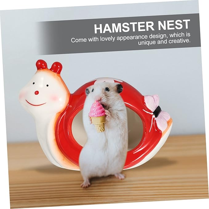 DOITOOL Ceramic Hamster Hideout, Adorable Cartoon Snail Shape Hamster House Cave, Chinchilla Hideout Small Animal Hideout Hut Cave Cage Accessories (Red and White)