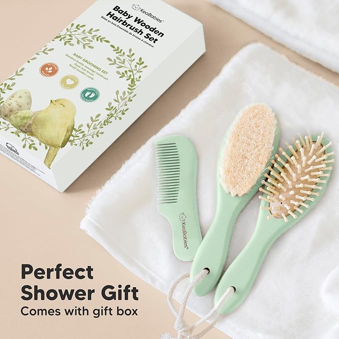Baby Hair Brush Set for Newborns - Soft Goat Bristle Wooden Baby Brush and Comb Set Newborn Grooming Kit for Cradle Cap, Durable & Gentle, Boy, Girl Infant Essentials Care Kit (Regular, Sage)