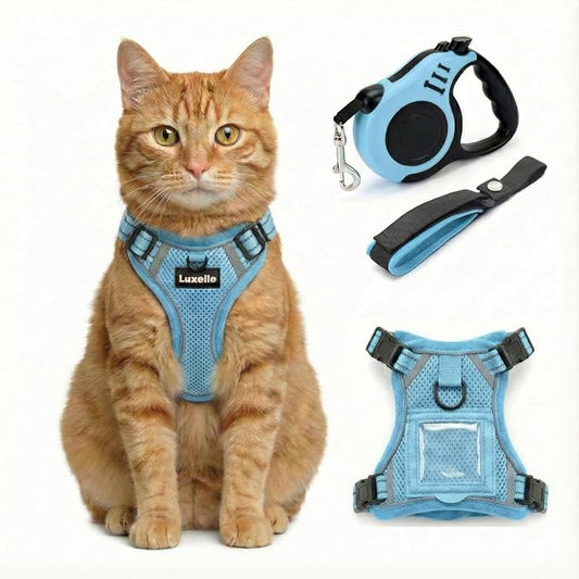 Luxelle Escape-Proof Cat Harness and Leash Set – Adjustable No Pull Soft Vest with 360° Reflective Straps, Built-in Pocket & Wrist Strap, Breathable Mesh Outdoor Harness for Cats & Kittens