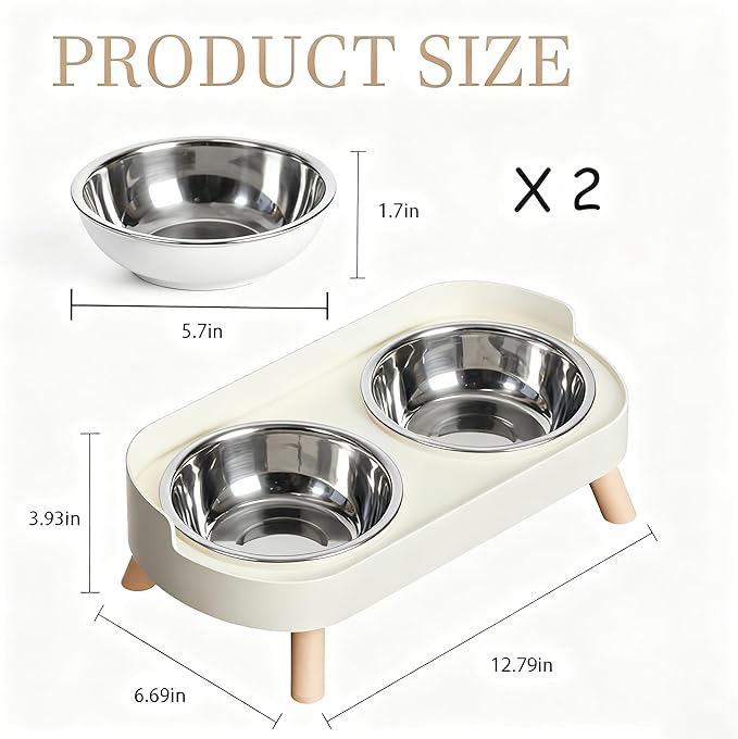 Elevated Cat Bowls, 2 Stainless Steel Raised Cat Food and Water Bowl Set, Splash Proof & Non-Slip, Whisker Fatigue Friendly, Dishwasher Safe for Cats and Small Dogs - White