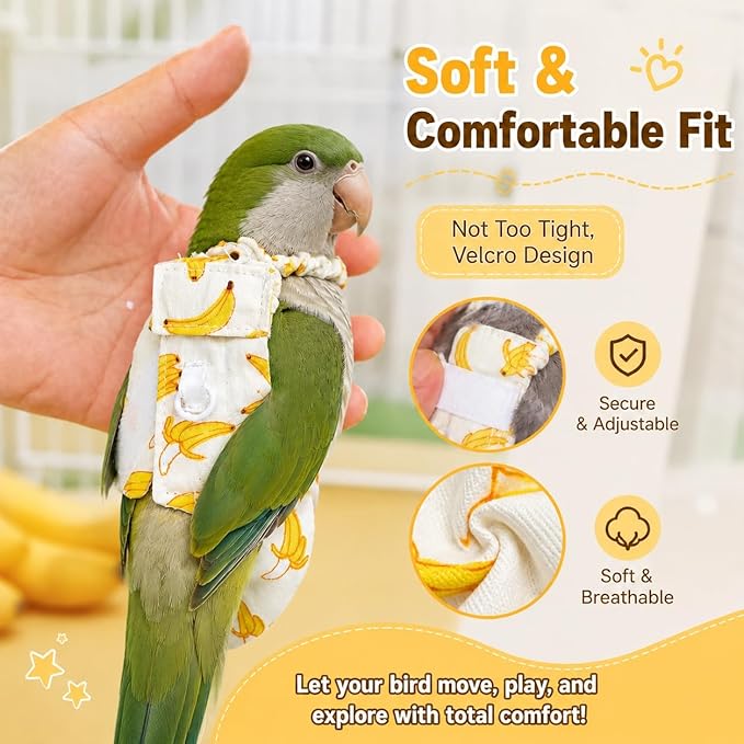 Bird Diaper and Leash Set with Harness, Monk Parakeet/Caique/Senegal Parrot Diapers with Harness, Pet Bird Flight Suit Set for Outdoor Flying & Training (L)