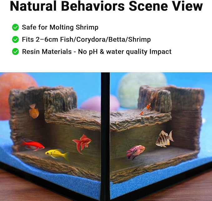 90° Corner Fish Cave Viewing Tunnels | Realistic Driftwood Stump Hideout for Shrimp, Betta, Corydoras | BPA-Free Premium Resin, Safe for Aquarium (5.1”x5.1”x2.8”)