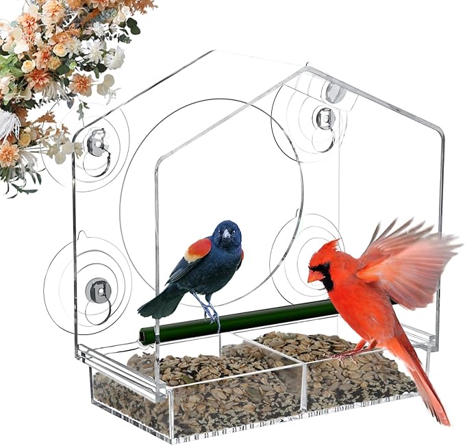 Window Bird Feeder - 4 Strong 2.36" Suction Cups - Clear Acrylic Birdhouse for Outdoors, Removable Tray, Birdwatching Gift for Parents