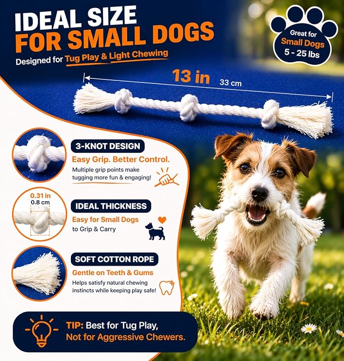 2-Pack 13" Cotton Rope Dog Toys for Small & Medium-Small Dogs – Tug Play, Light Chewing & Teeth Cleaning, Interactive Play, White