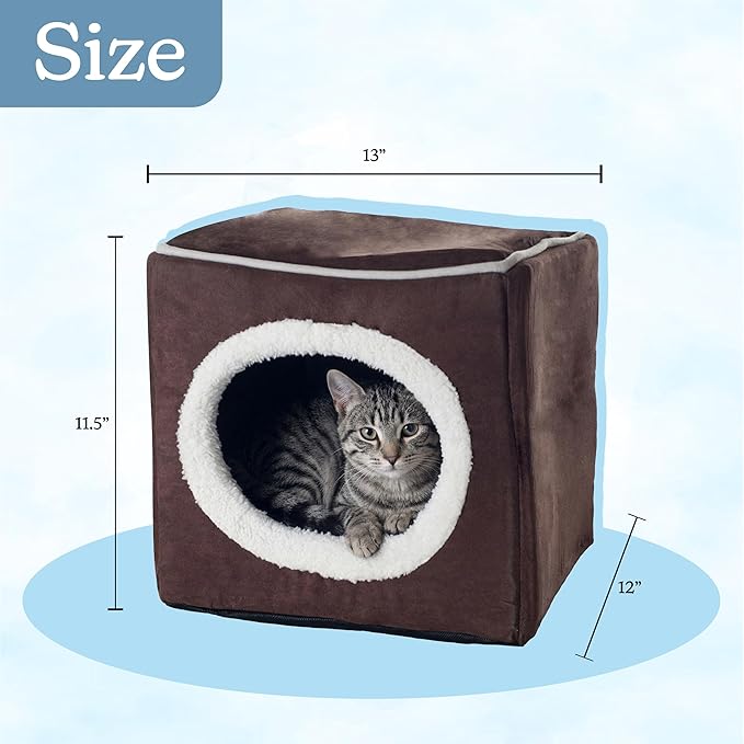 Cat House - Indoor Bed with Removable Foam Cushion - Cat Cave for Puppies, Rabbits, Guinea Pigs, and Other Small Animals by PETMAKER (Dark Brown) 13x13.5x12"