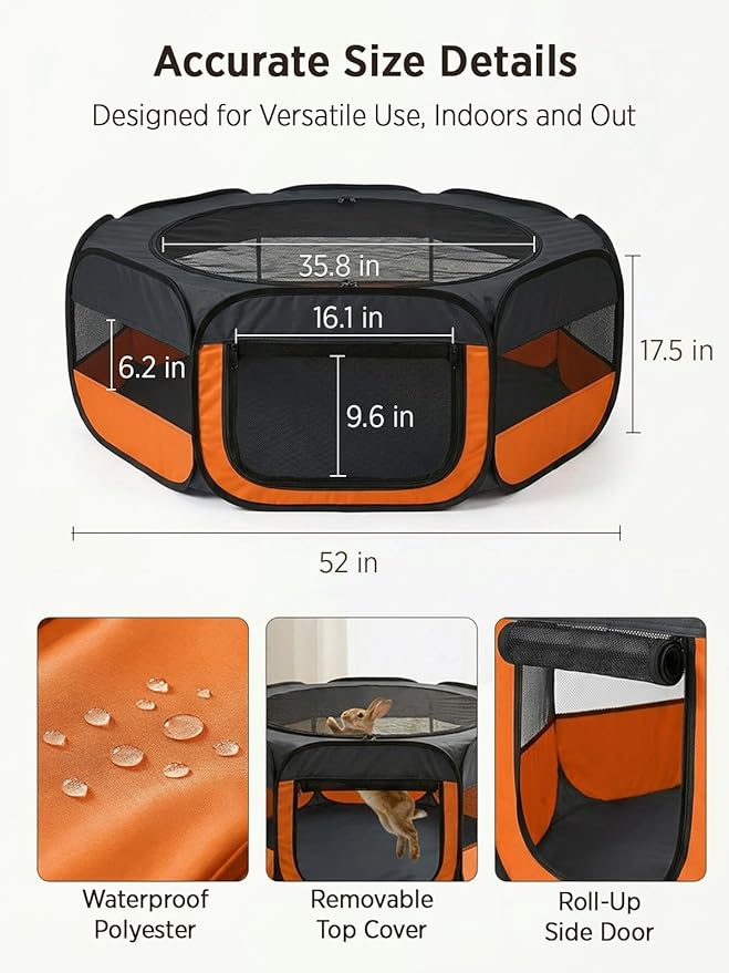 UWE Extra Large Small Animal Playpen, XL Portable Pet Playpen for Rabbit, Kitten, Guinea Pig, Hamster, Puppy – Waterproof Foldable Mesh Tent with Zipper Cover, Indoor Outdoor Use, Orange