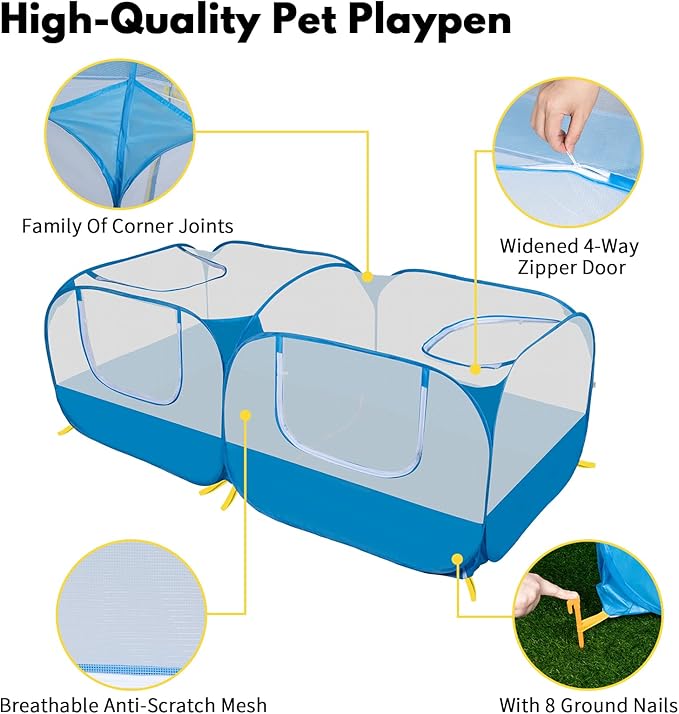Small Animals Playpen with Detachable Bottom, Breathable Mesh Walls, Portable Indoor/Outdoor Pet Cage Tent for Rabbits, Puppies, Kittens, Chicks (Blue)