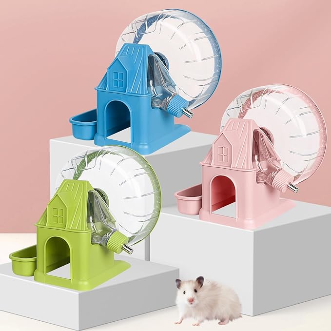 Vannon 4 in 1 Quiet Hamster Exercise Wheel, Multi Functional Hamster House with Running Wheel, Water Bottle, Food Bowl and Hideout, Small Animals Exercise Running Toys for Hamsters Gerbils Mice, Pink