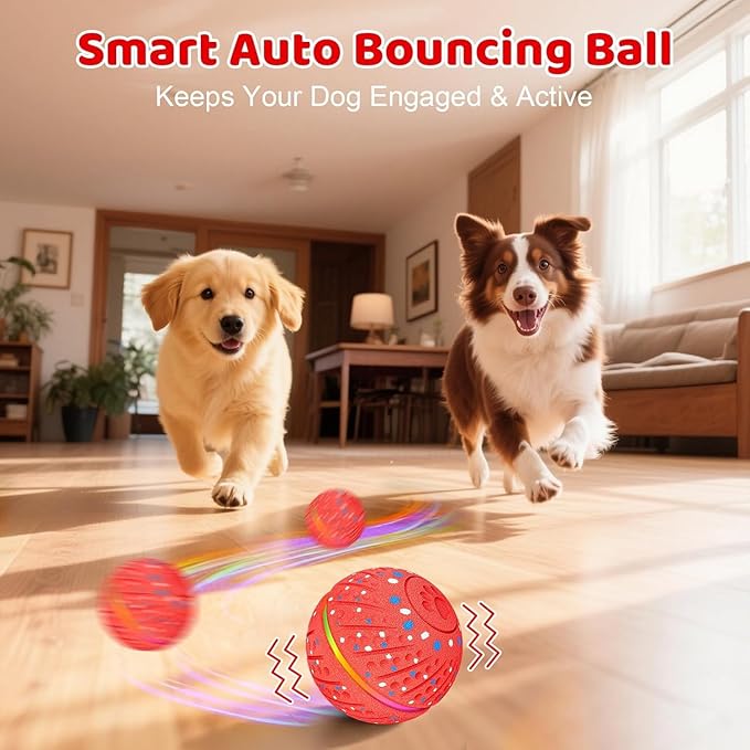 Interactive Dog Toys Dog Ball – 3 Play Modes Smart Moving Bouncing Dogs Ball, E-TPU with RGB Lights, Automatic Rolling Dog Toy for Small Medium Dogs to Keep Them Busy and Boredom Relief (Red)