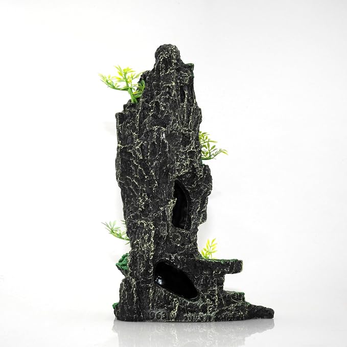 Aquarium Mountain View Stone Ornament, Large Resin Hideout Cave for Betta & Shrimp, Fish Tank Decor Rock Cave with Fish Cave and Hideouts (7.87" x 4.33" x 13.98")