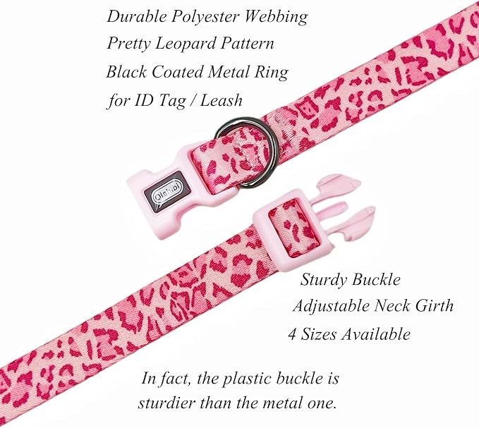 Dog Collar Leash Set, Leopard Pattern, Polyester Material, Adjustable Collar and 5ft Matching Leash, for Small Dogs.(S, Pink Leopard)