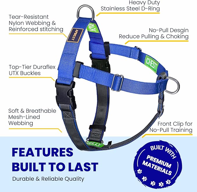Freedom No Pull Dog Harness, Easy Walker, Stop Pulling with Two Stainless D-Rings, Comfortable, Sewn-in Instructions Tags for Easy Use, for Small Dogs Weight 20-30 lbs (Blue, Small)