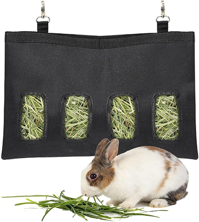 Rabbit Hanging Hay Feeder Bag Large Capacity Small Animal Hay Dispenser 600D Oxford Cloth Rabbit Hay Storage Bag for Bunnies Guinea Pigs Chinchillas (Black)