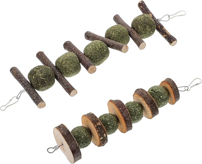 MERRYHAPY 2 Pcs Apple Wood Pet Molar for Rabbits and Hamsters Natural Chewing Sticks with Edible Grass Balls Interactive Small Animal Playthings to Reduce Boredom and Promote Dental Health