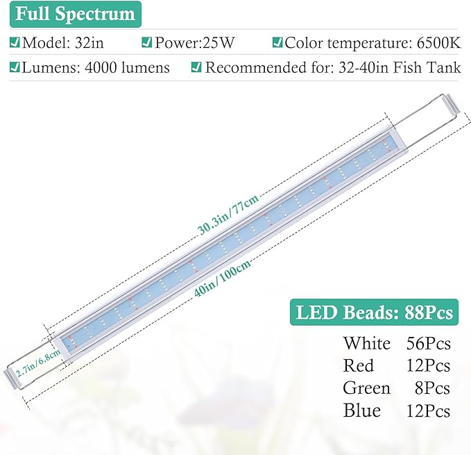 HITOP Full Spectrum LED Aquarium Light – 32-40" Classic Fish Tank Light with Timer, Aquarium Plant Light with Stable Extendable Brackets