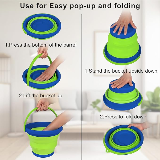 5L Collapsible Mop Bucket for Cleaning, Foldable Buckets with Handles for Beach Sand Garden Car Washing Fishing, Silicone Cleaning Buckets for Household Use Bathroom Cleaning Supplies Blue/Green