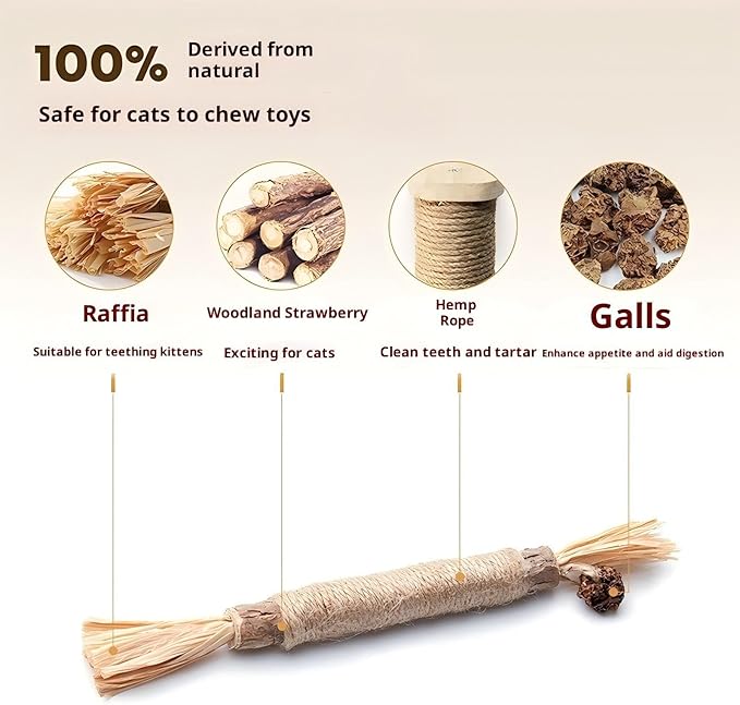 Natural Catnip Silvervine Sticks for Cats, 100% Organic Gall Fruit Mixed Chew Toys for Teeth Cleaning, Potent Cat Treats for Indoor Cats Boredom Relief & Digestive Health, 10 Count