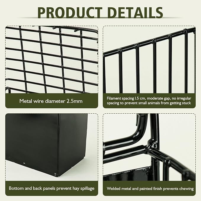New Upgraded Rabbit Hay Feeder,Comes with Lid to Prevent Critters from Jumping in,Metal Frame Hay Rack with Adjustable Hook,for Rabbits Guinea Pigs Bunny Chinchillas Small Animals (Black)