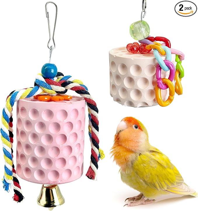PINVNBY Bird Chewing Toys 2Pcs Bird Beak Grinding Stone Lava Calcium Block with Bell Hanging Parrot Chewing Toy Cage Accessories for Parakeets Conures Cockatiels Budgies Lovebirds