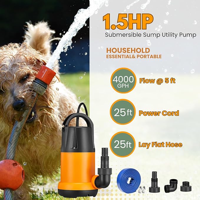 Submersible Sump Pump, Water Pump With 25Ft. Water Hose, Portable Utility Pump, Water Transfer Pump with 25-Foot Cord, 4000 GPH, Ideal for Swimming Pool, Garden Pond, Basement