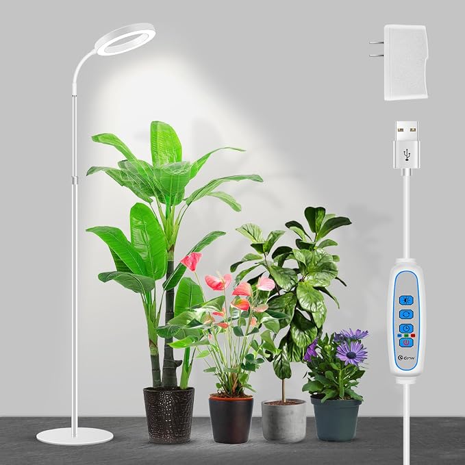 Grow Light, Full Spectrum Plant Lights with Stand, for Large Plants | 6000K 80LEDs Floor Grow Lamp, 3 Color Modes, Timer 6/12/16H, 5 Dimmable Levels, 67'' Adjustable Height, Gooseneck