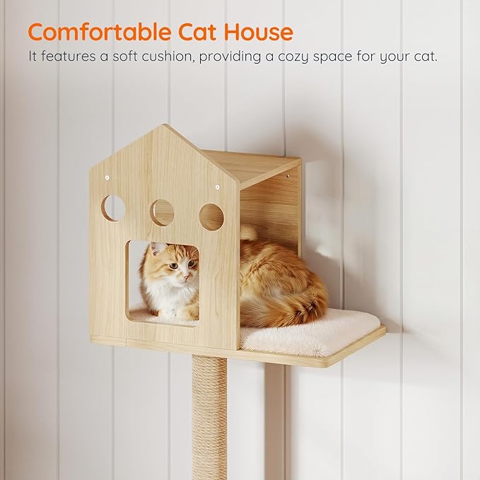 HOOBRO Cat Wall Shelves, Set of 2 Cat Wall Furniture, Wood Wall Mounted Cat Shelves with House, Steps, Scratching Posts and Perch, Space-Saving Shelves for Indoor Cats, Natural NL47CS03