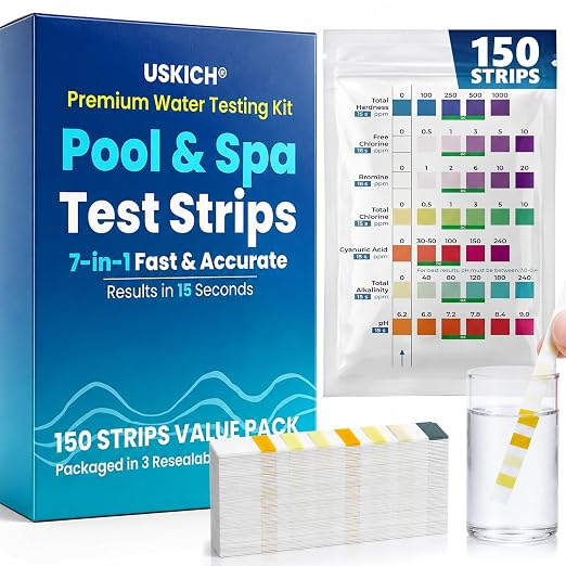 7 in 1 Pool Test Strips, 150-Count Hot Tub & Spa Test Strips, Pool Water Testing Kit Accurately Tests Bromine, Total Alkalinity, pH, Free Chlorine, Total Hardness, Cyanuric Acid and Total Chlorine