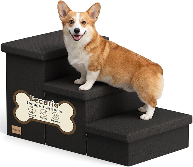 3-Step Wide Dog Stairs with Storage 18" H, Non-Slip Sturdy Pet Steps for High Bed Couch Window, Pet Stairs for Small/Medium/Large Old Dogs Cats Up to 200lbs, Cat Dog Steps for Car/SUV, Black