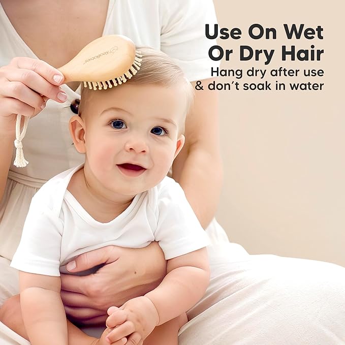 Baby Hair Brush Set for Newborns - Soft Goat Bristle Wooden Baby Brush and Comb Set Newborn Grooming Kit for Cradle Cap, Durable & Gentle, Boy, Girl Infant Essentials Care Kit (Petite, Walnut)
