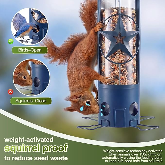Squirrel Proof Bird Feeders for Outdoors with Weight-Activated, 3LB Large Metal Wild Bird Feeders for Cardinals,Blue Jay,Finch, Weatherproof Durable Tube Hanging Bird Feeder for Backyard,Garden,Patio