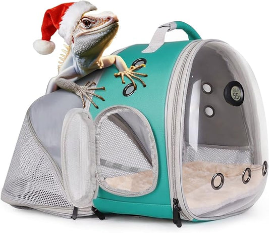 Back Extention Bearded Dragon Travel Backpack Carrier with Reptile Thermometer and Humidity Gauge Lizard Travel Cage Space Capsule Clear Bubble Window Astronaut Reptile Carrier Bag for Ball Python
