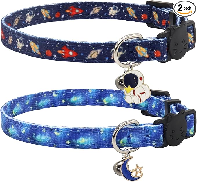 Cat Collar Breakaway, 2 Pack Cotton Kitten Collars with Bells and Removable Charms, Cute Astronaut Shaped for Indoor Boy, Girl and Adult Cats