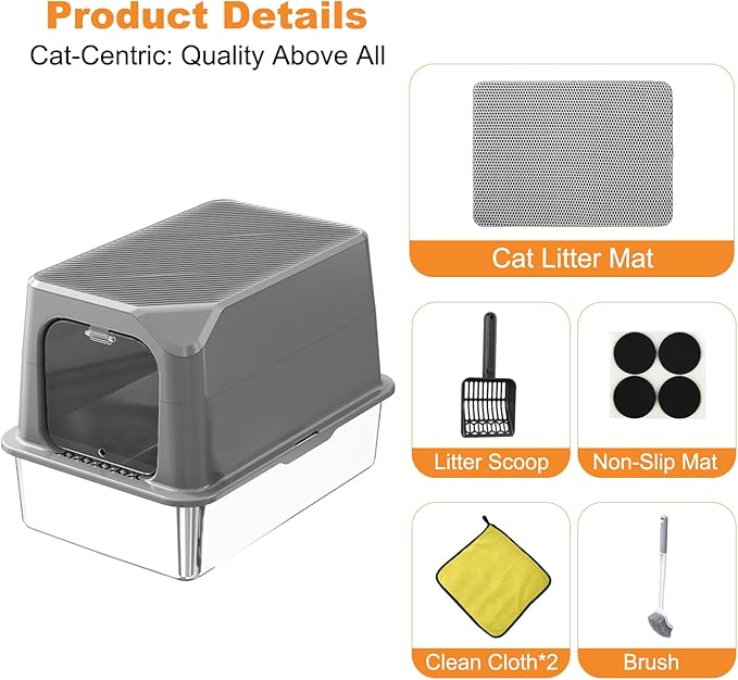 Extra Large Stainless Steel Cat Litter Box Enclosed with Lid - 24" x 16" x 17" Metal Cat Litter Box XXL, Front Entry High Side Kitty Litterbox with Scoop & Mat, Anti Leakage, No Sticky