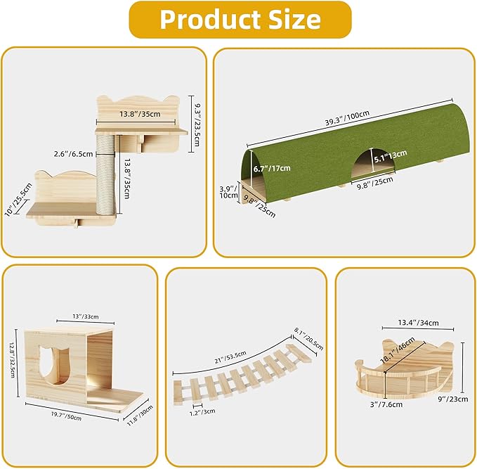 Cat Shelves for Wall, 18-in-1 Solid Wood Wall Mounted Cat Wall Shelves with Tunnel, Scratching Post, Steps & Bridge Ladder, Multi-Level Cat Climbing System, Space Saving, Floating Cat Shelves