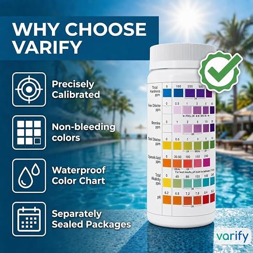 7 in 1 Pool Test Strips (150 Strips) - Easy to Use Water Testing Kit for Pool, Spa, Hot Tub & More - Tester Strip for Water Hardness, Chlorine, Bromine, pH, Alkalinity and Cyanuric Acid