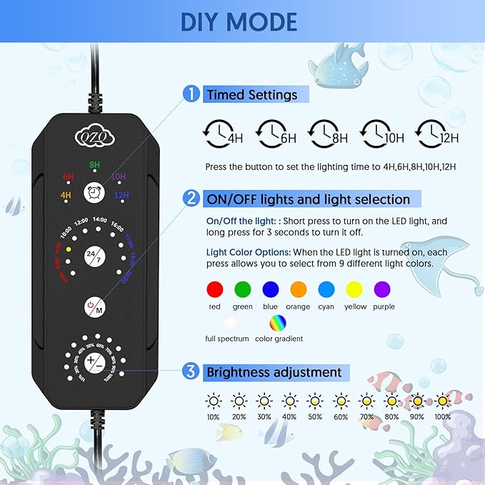 QZQ Fish Tank Light – Aquarium Light 24/7 Mode LED Aquarium Lights for Fish Tank with Adjustable Timer/Brightness, Aquarium Plant Light (12W for 7–12 Inch Tank)