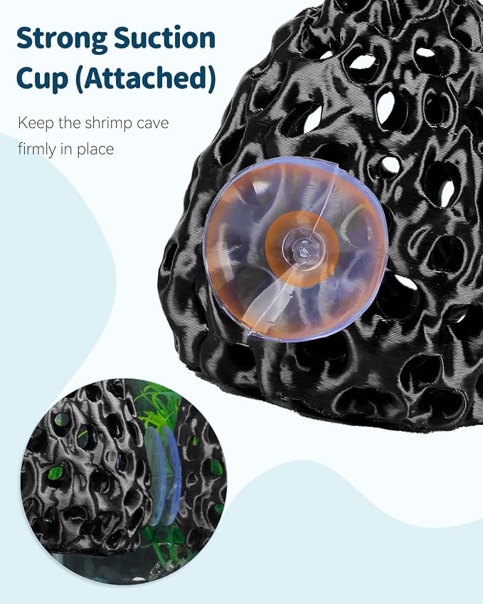 Uniclife Shrimp Cave, Shrimp Hides for Aquarium, Realistic Plastic Aquarium Coral Rock Decorations with Suction Cup, Betta Hideout Tank Accessories for Fish Tank Decor, Hiding & Resting, Black