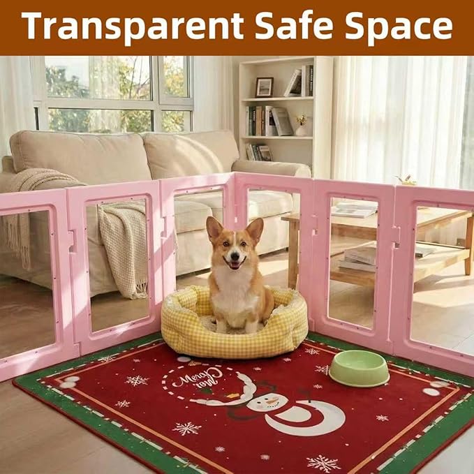 Clear Acrylic Dog Playpen Indoor, Puppy Cat Small Pet Play Pen, Easy Assemble & Disassemble Sturdy Plastic Dog Fence with Heavy Duty Door Lock (24In H, 10PCS), Pink