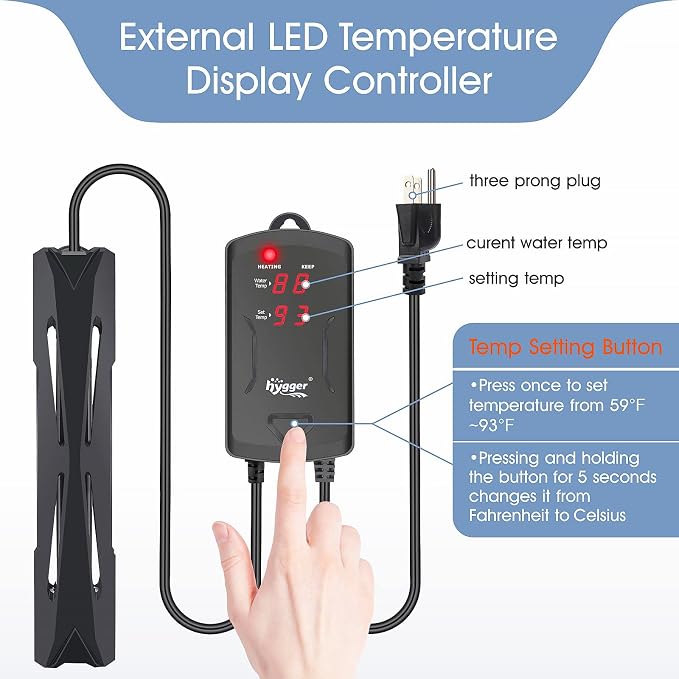 hygger 25-50 Gallon Aquarium Heater with LED Display Controller, Quartz Submersible Fish Tank Heater 200W for Saltwater Freshwater