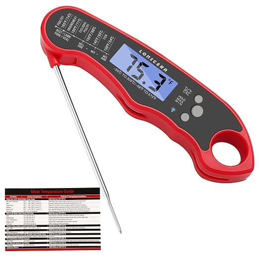LONICERA Digital Meat Thermometer, Instant Read, Foldable Probe, Red | IP66 waterproof design, backlit display, calibration function, for meat, baking and grilling