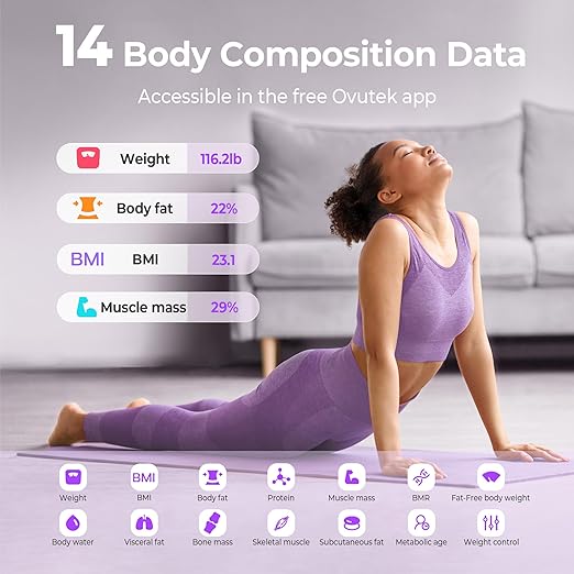 Ovutek Smart Scale for Body Weight, Digital Bathroom Scale BMI Weighing Body Fat Scale, Accurate Body Composition Scale Monitor for People's Health with Smartphone App, Compact Size, 400lb (Purple)