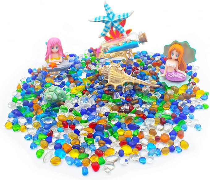 2 lbs/900g Colorful Clear Sea Glass Pebbles Aquarium Gravel Fish Tank Rocks Small, Irregular Glass Gems Stones Beads Marble Pebbles Rock Sand for Garden|Vase Filler|Fish Turtle Tank Decorations