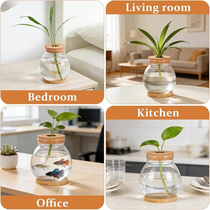ibasenice Desktop Aquarium Fish Bowl Small Glass Betta Fish Tank with Bamboo Cushion Mini Aquarium for Hydroponic Plants Desktop Decor Office Home and Table Display