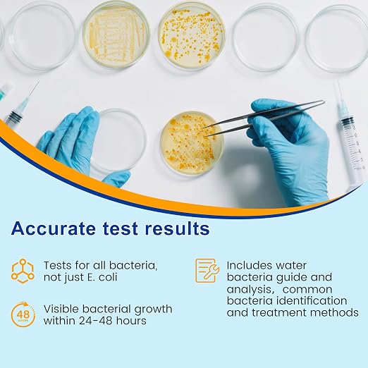 Bacteria Water Test Kit - 12 Tests Detects 50 Different Species of Coliform Bacteria, E.coli & All Bacteria | Home Test Kit for Well, Tap, Pool, Hot Tub & City Water | with Free Lab Analysis