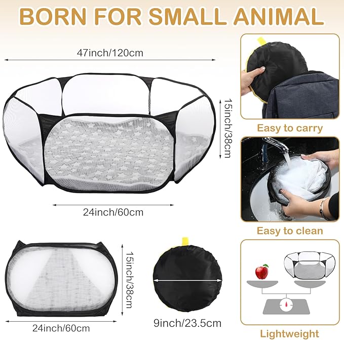 VitalCozy Hamster Playpen with Mat Small Animal Cage Tent Breathable Transparent Guinea Pig Playpen Waterproof Portable Yard Fence Mat Foldable Exercise Playpen Outdoor Indoor (Black,Star)
