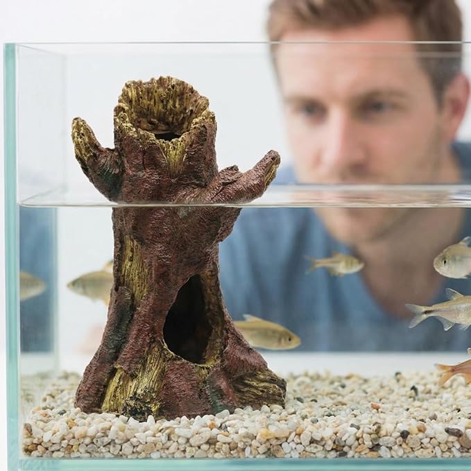 DECHOUS Aquarium Decor Resin Hollow Tree Trunk, Fish Tank Hideout Cave Simulation Driftwood Root Terrarium Accessories for Betta Fish, Shrimps, Reptiles Amphibians