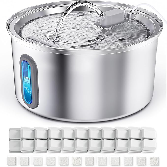 Cat Water Fountain Stainless Steel, 3.2L/108oz Pet Fountains for Drinking with Smart Quiet Pump and Large Water Level Window, Easy-to-Clean Automatic Pet Water Dispenser for Indoor Use