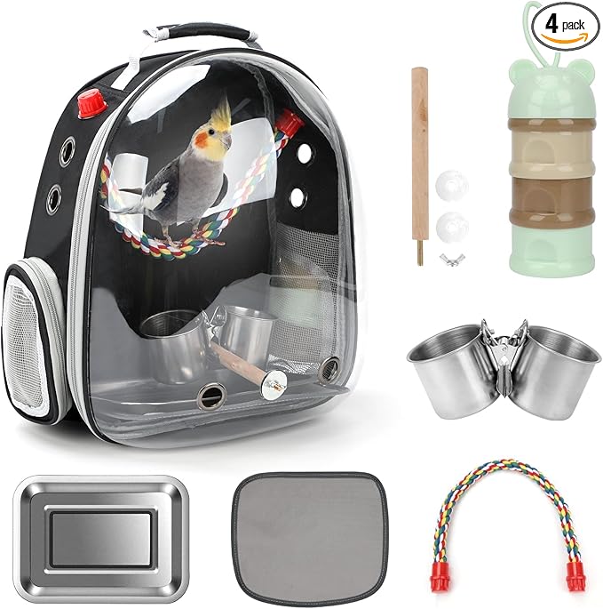 Rypet Bird Carrier Backpack Parrot Portable Breathable Bag Pet Bird Lightweight Travel Cage with Standing Perch and Stainless Steel Tray（Black）